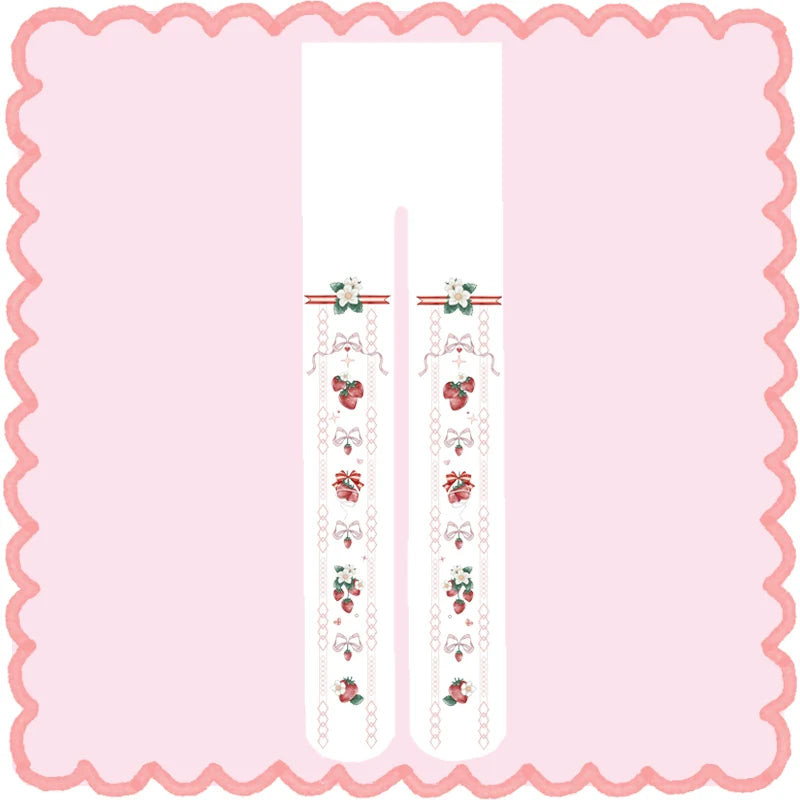 Wuxiaoliu - Sweet Lolita Tights Strawberry Bow Printing White Pantyhose
