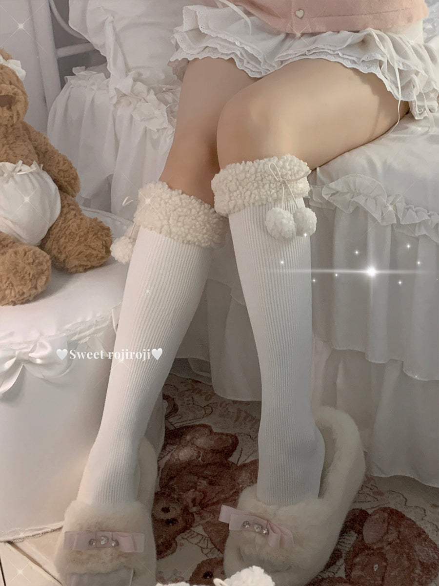 Roji Roji - Winter Fuzzy Ball Lolita Socks Over Knee Thick Socks