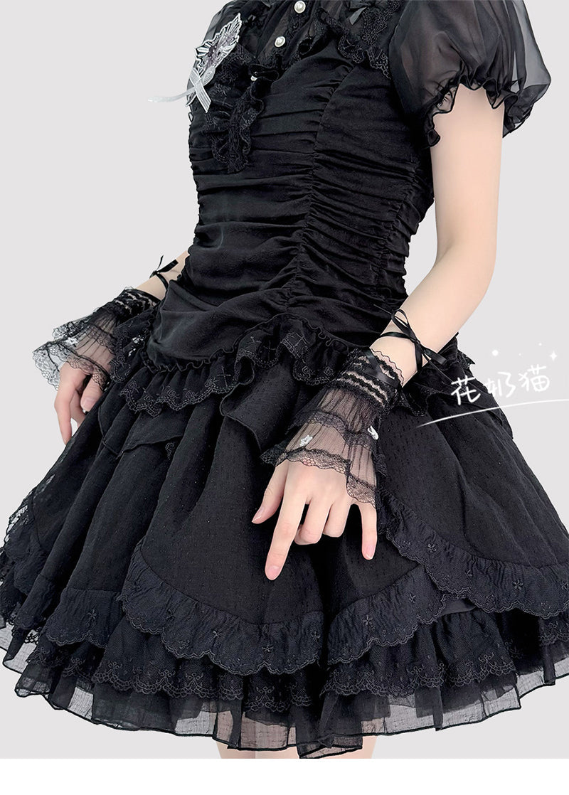 Hua Nai Cat - Star and Moon - Bridal Lolita Cuffs White and Black Ballet Style Lace Cuffs