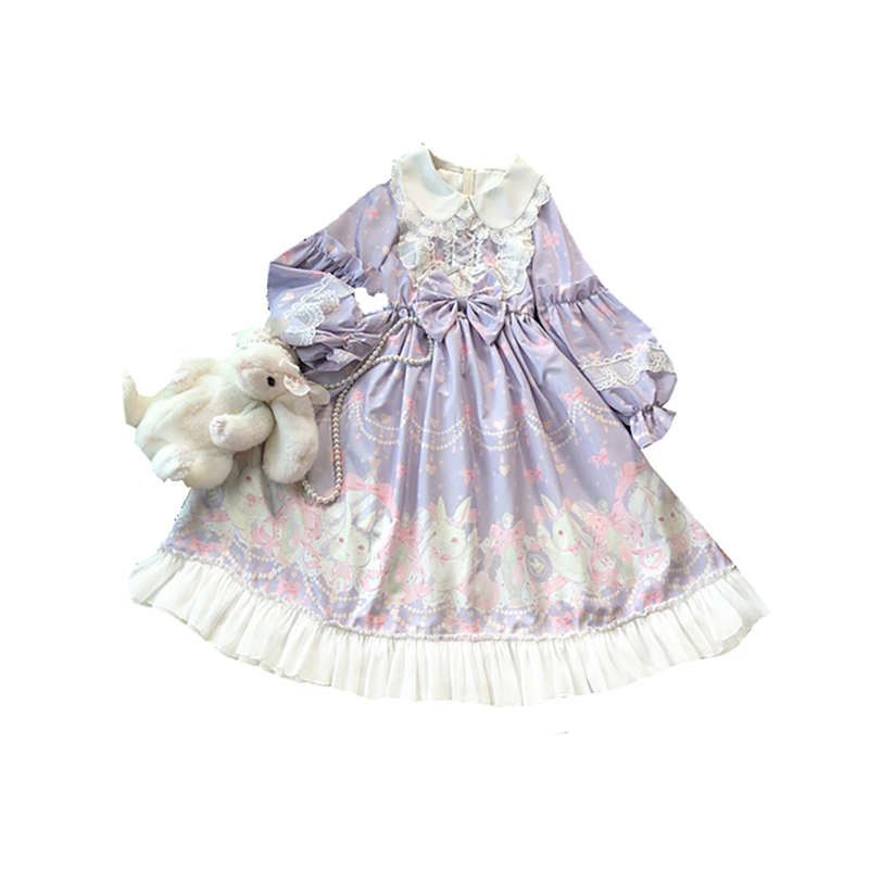 Doujiang - Kawaii Lolita OP Rabbit Print Pink Purple Lace Princess Dress