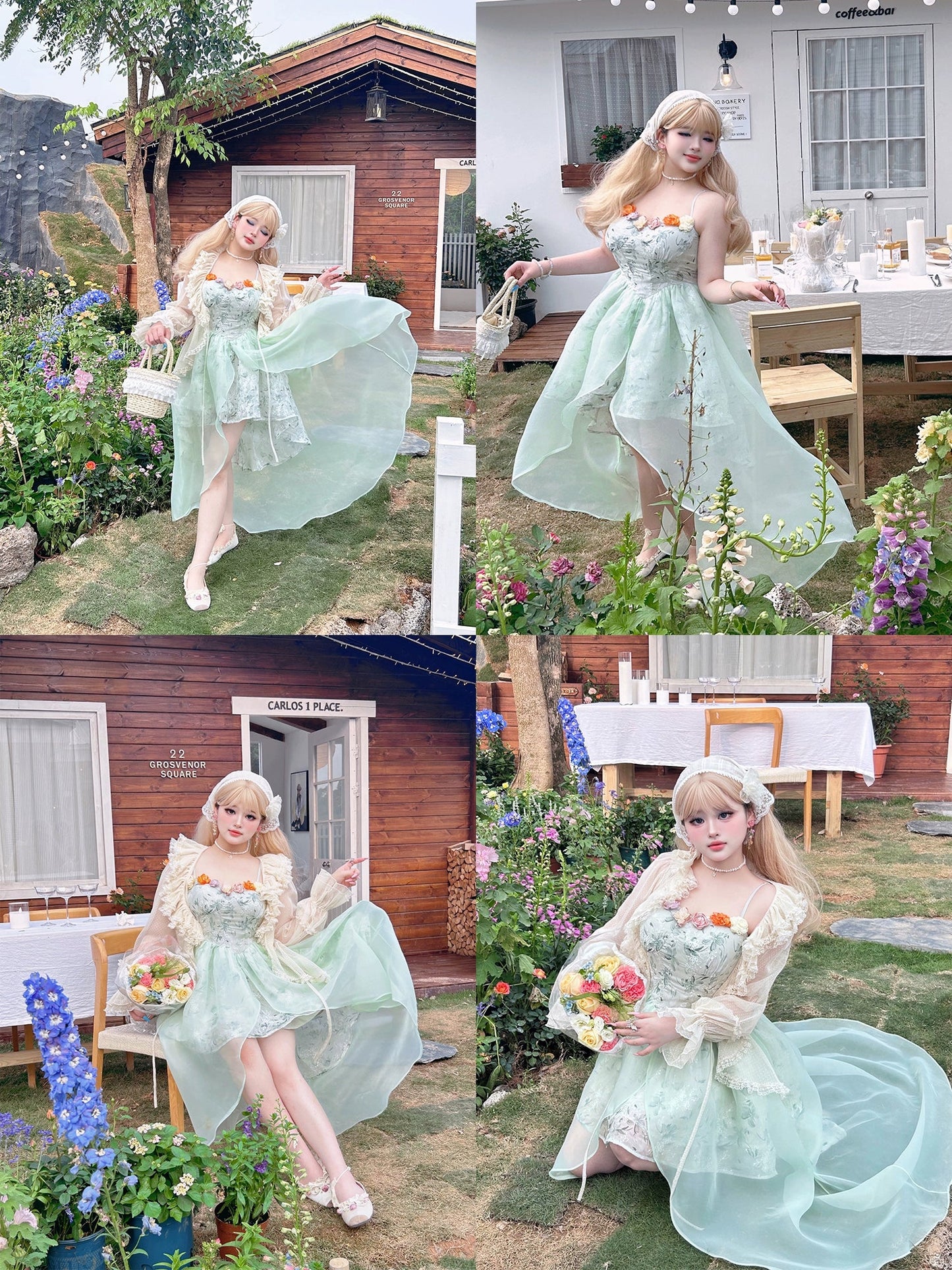 Yingtang - Plus Size Lolita JSK Dress Green Floral Lolita Dress Caidigan Set