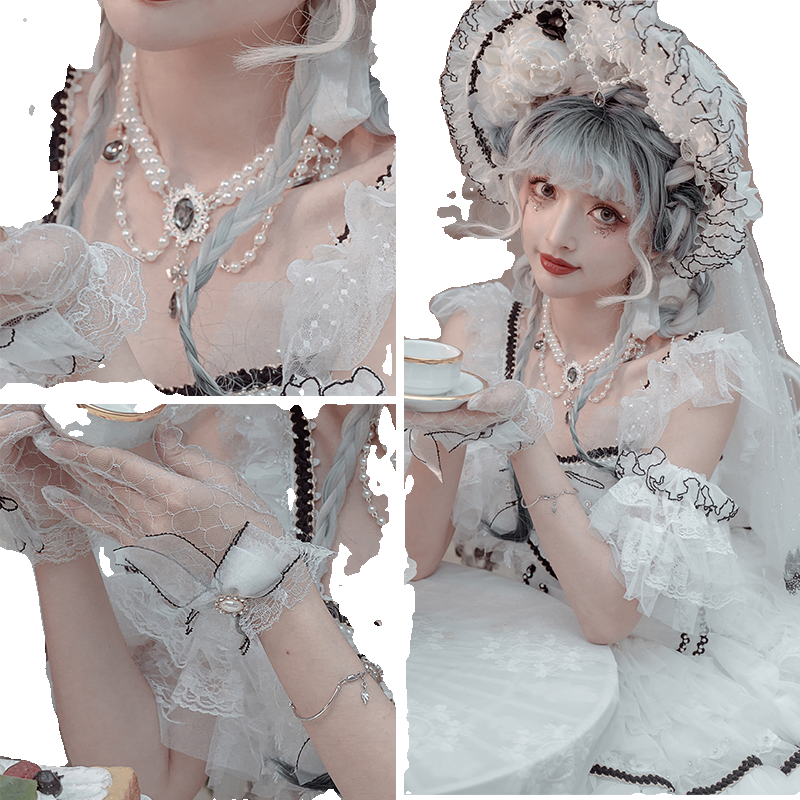 Cat Fairy - Dark Starry Night - Wedding Lolita Bonnet Bridal Mesh Gloves and Necklace