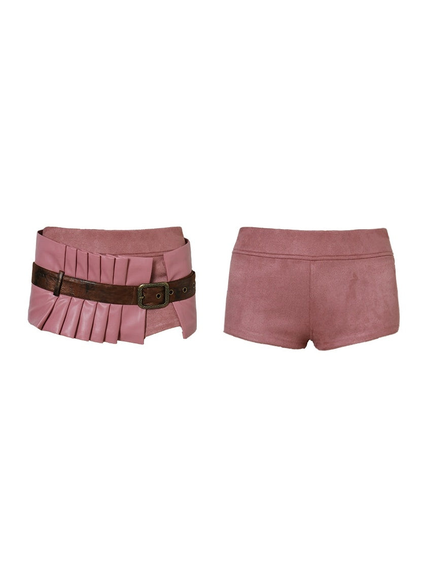 Embroidered Fake Suede Shorts & Decorative Belt Skirt Set-up