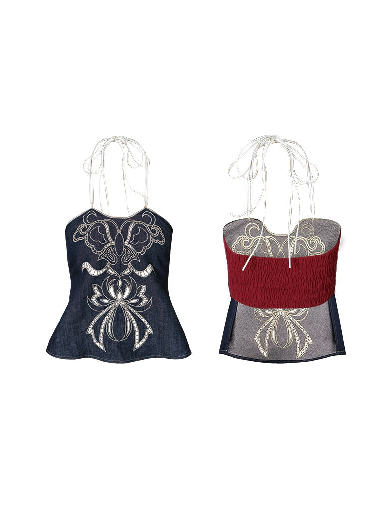 Flower Design Embroidery Halting Neck Denim Camisole