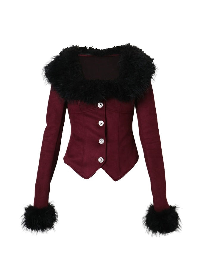 Slim Fake Suede Detachable Fur Collar Jacket