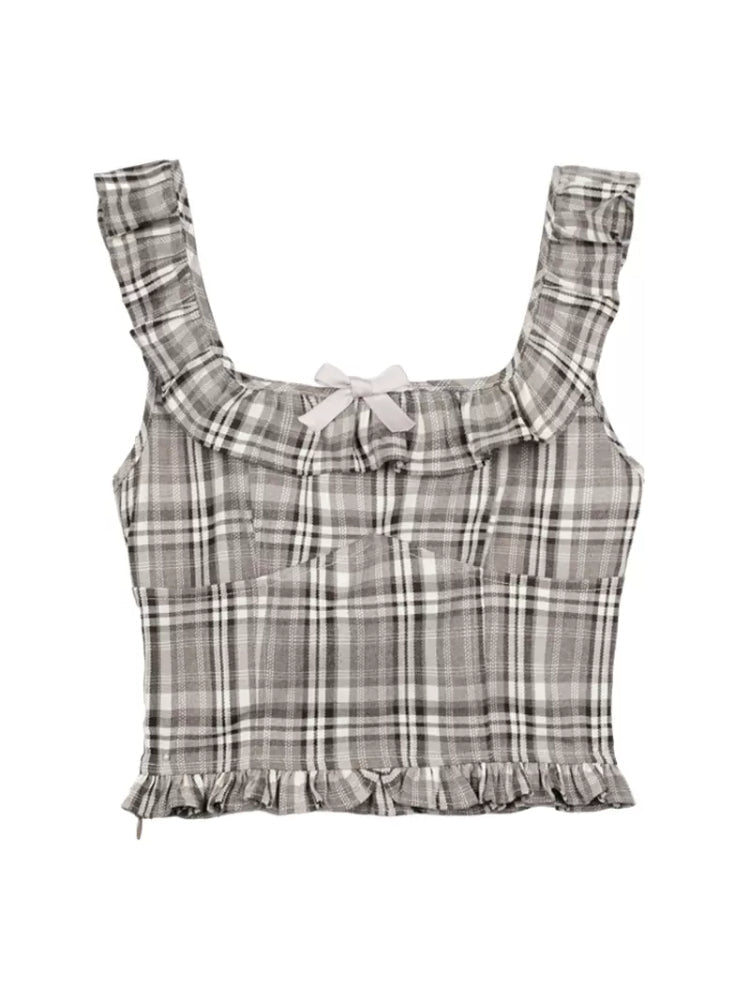 Plaid short suspender top【s0000007841】