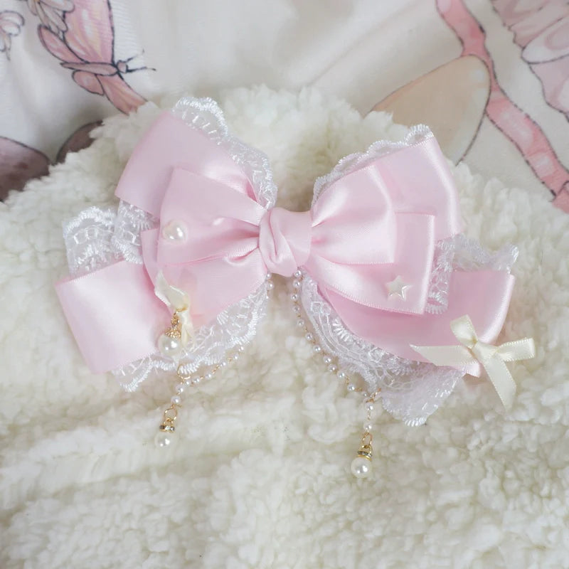 MaoJiang Handmade - Dreamy Sweet Lolita Layerd Bow Hair Clip, Pearl Accents