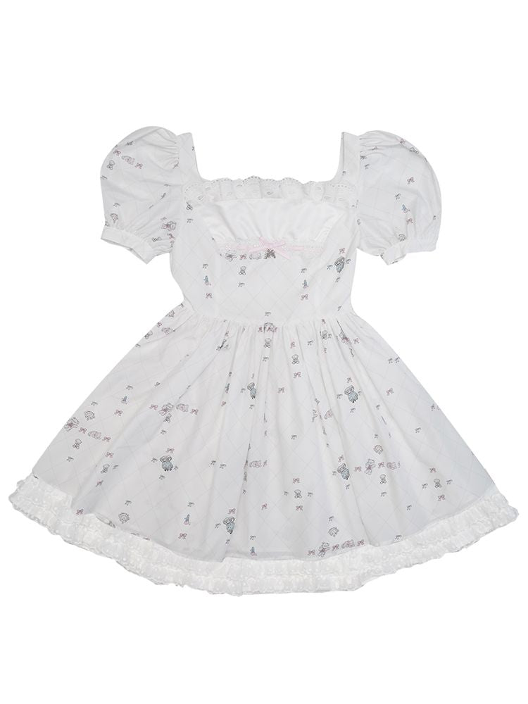 Print puff sleeve lace dress【s0000002172】