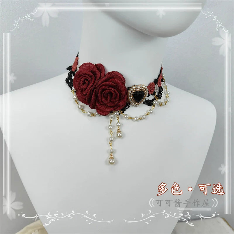 Cocoa Jam - Elegant Lolita Necklace Rose Gemstones and Pearl Necklace