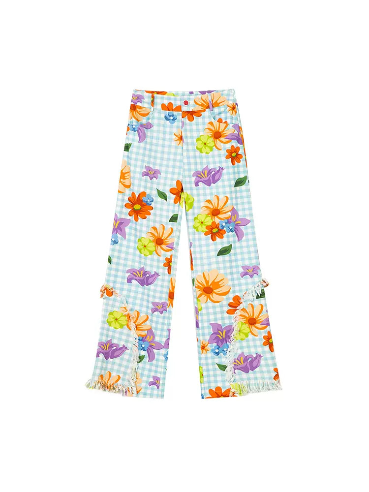 Plaid flower casual pants【s0000007768】