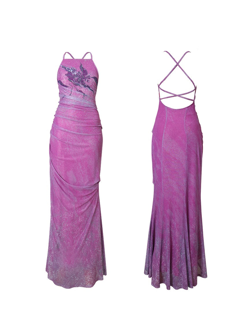 Chinese Print Mesh Long Backless Dress