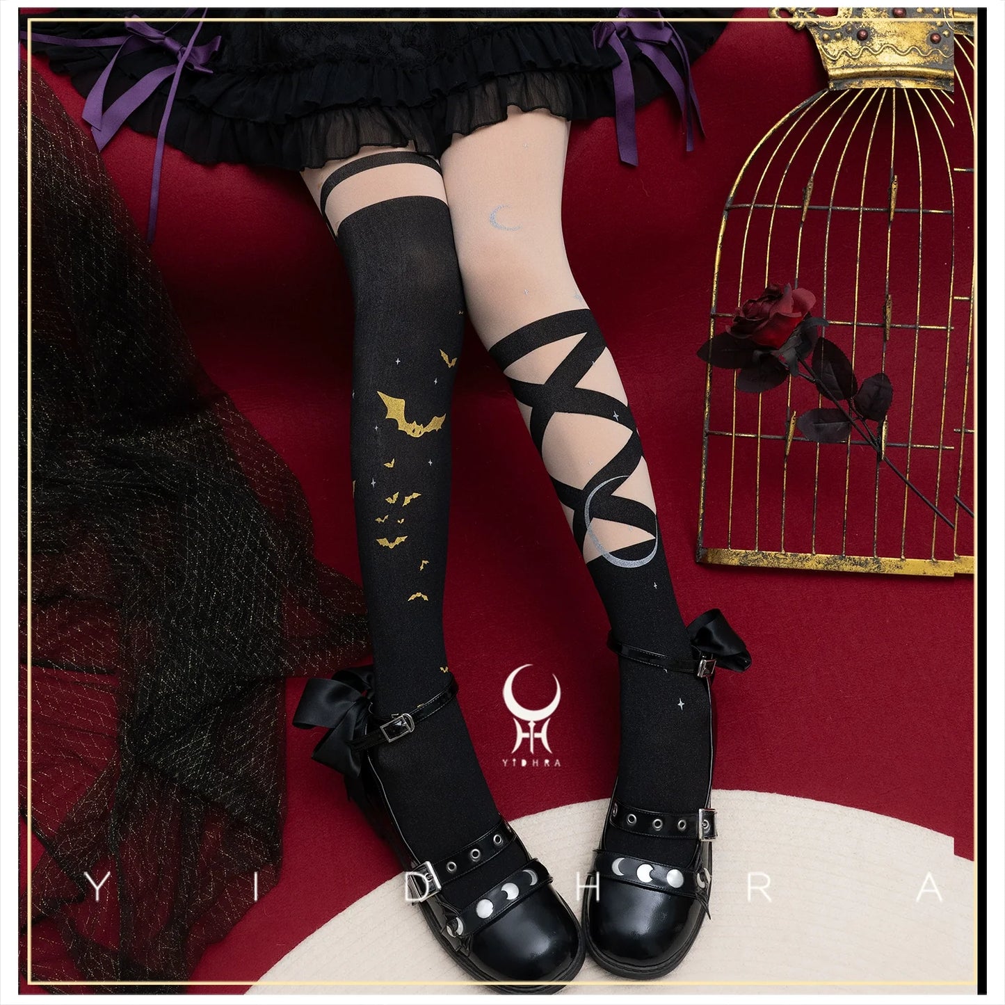 Yidhra - Night of Little Bats - Halloween Gothic Lolita Pantyhose, Bat Print