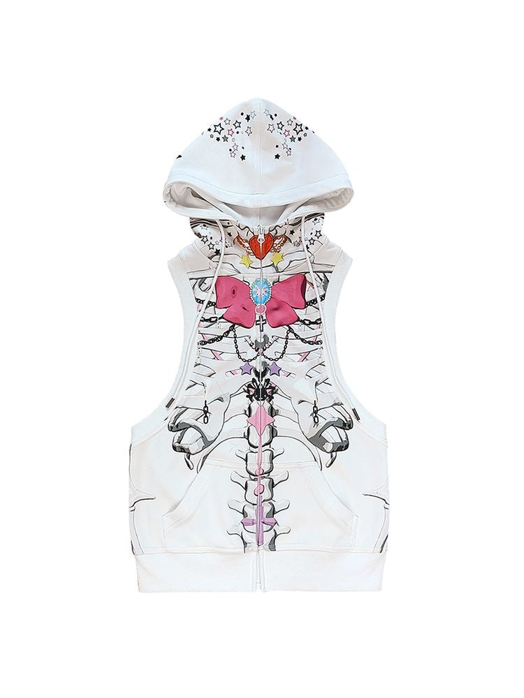 Bow skull print hooded vest【s0000002751】