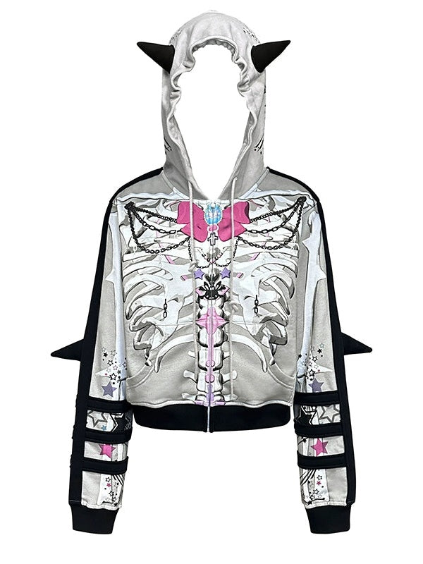 Bow Skull Print Pointed ZIP-Up Parka【s0000004229】