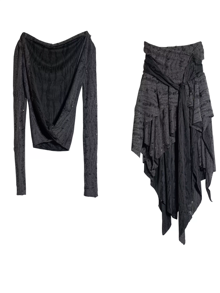 Cutsew&Long-Skirt Knit V-Neck Asymmetry Chic Set-Up