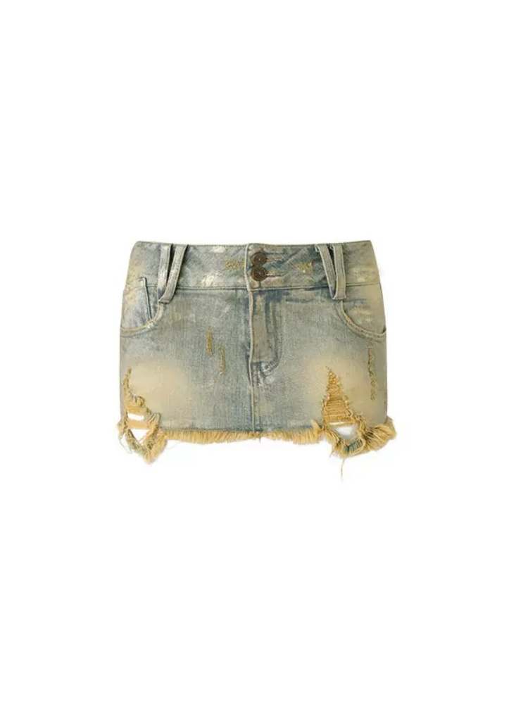 Low Waist Distressed Denim Mini Skirt【s0000009133】