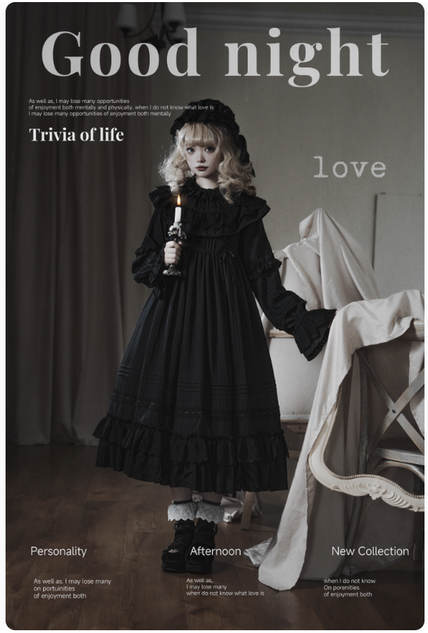 Sanshanjiu - Goodnight Black - Gothic Lolita Black OP with Round Cape Collar
