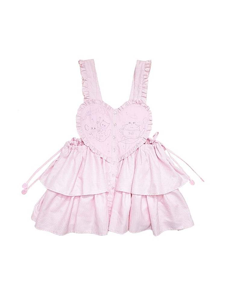 Cat Embroidery Drawstring Heart Layered Apron Dress【s0000007762】