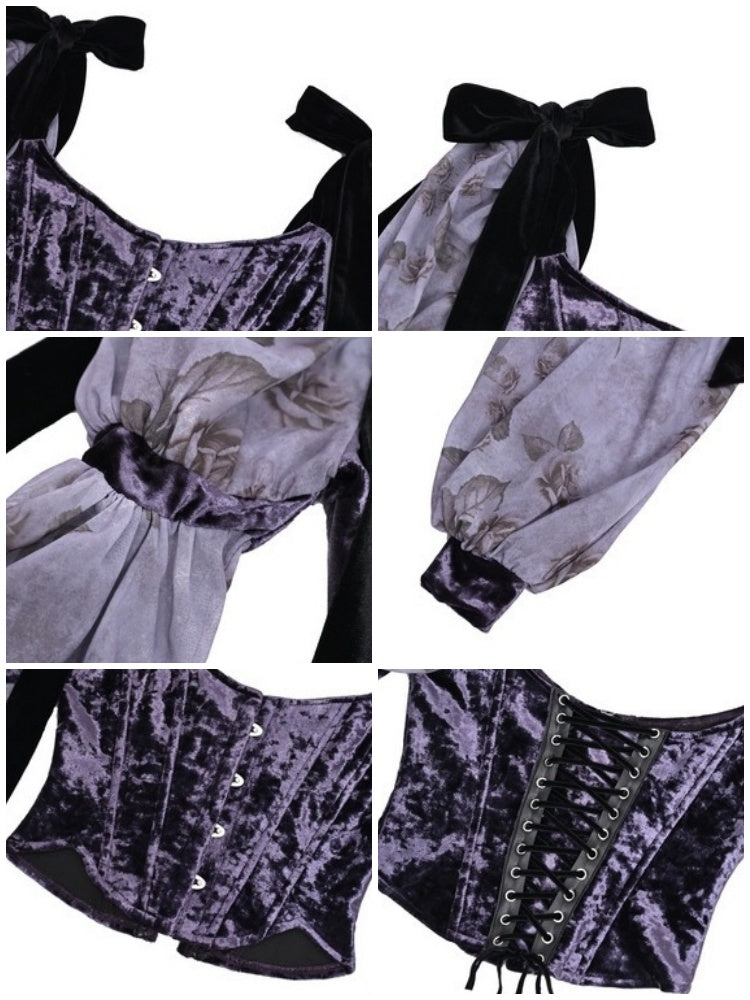 Gothic Velvet Balloon Sleeve Shoulder Ribbon Blouse【s0000003865】