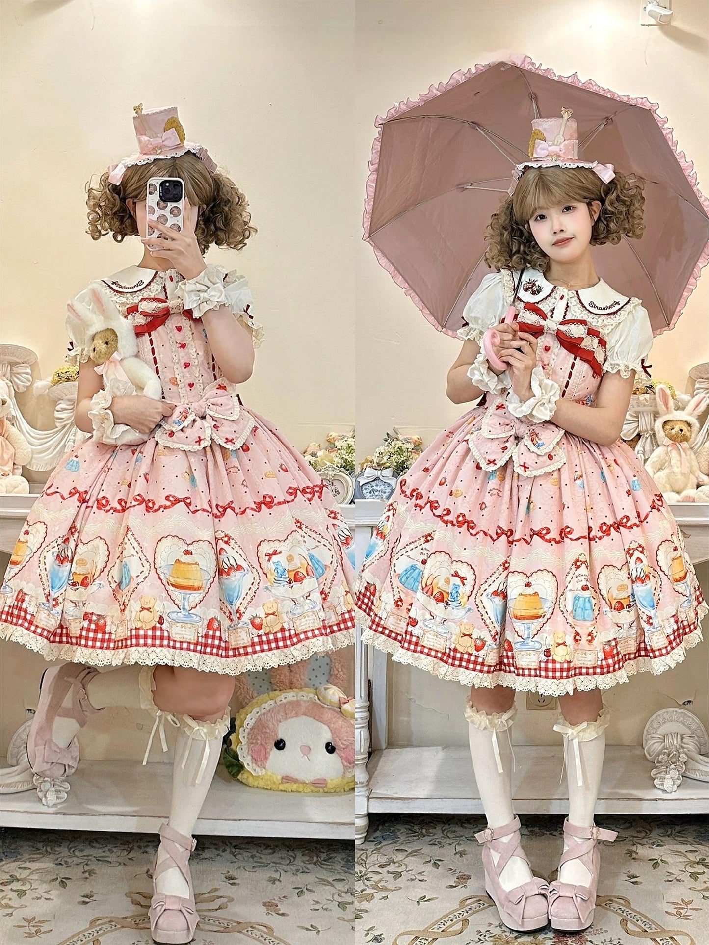 DreamWhale - Showa Dessert Showcase - Kawaii Lolita Dress Suit Pudding-Inspired JSK/Salopette