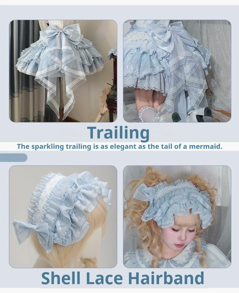 Honey Machine - Blue Whale - Sweet Lolita OP Suit Tiered Ruffle Dress with Shell Lace