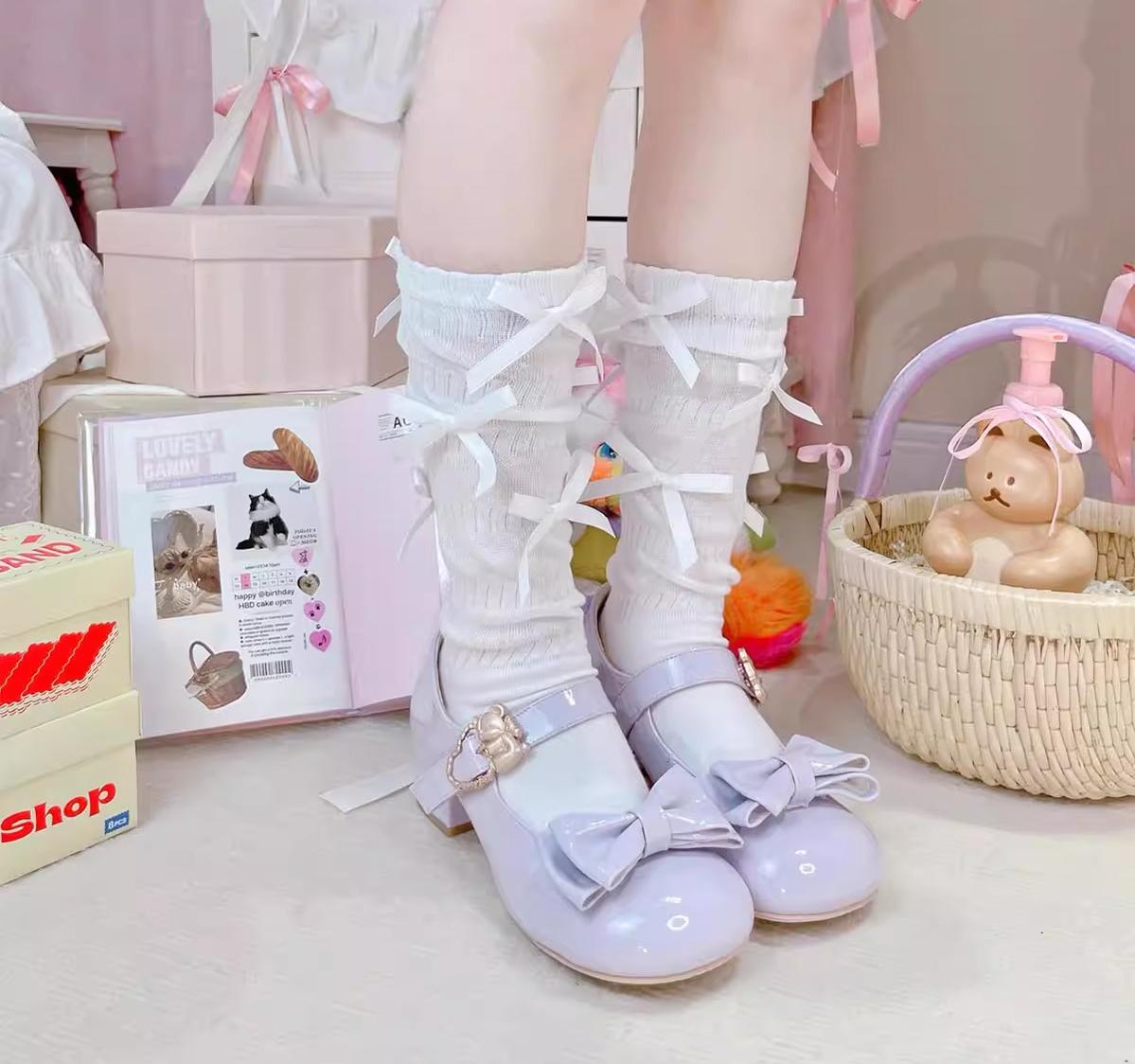 Sheep Puff - Hug Bear - Sweet Lolita Heel Shoes Bear Metal Buckle Bow Shoes