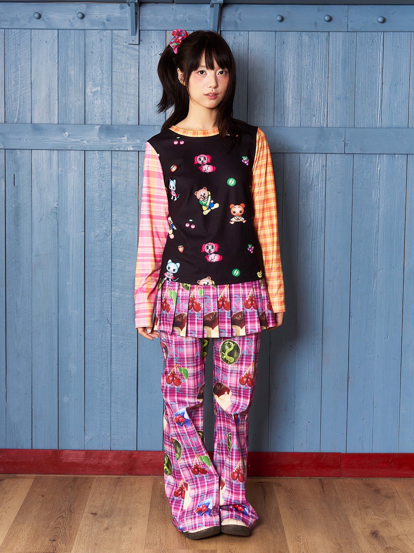Fruits Plaid Pants with Pleated Mini Skirt