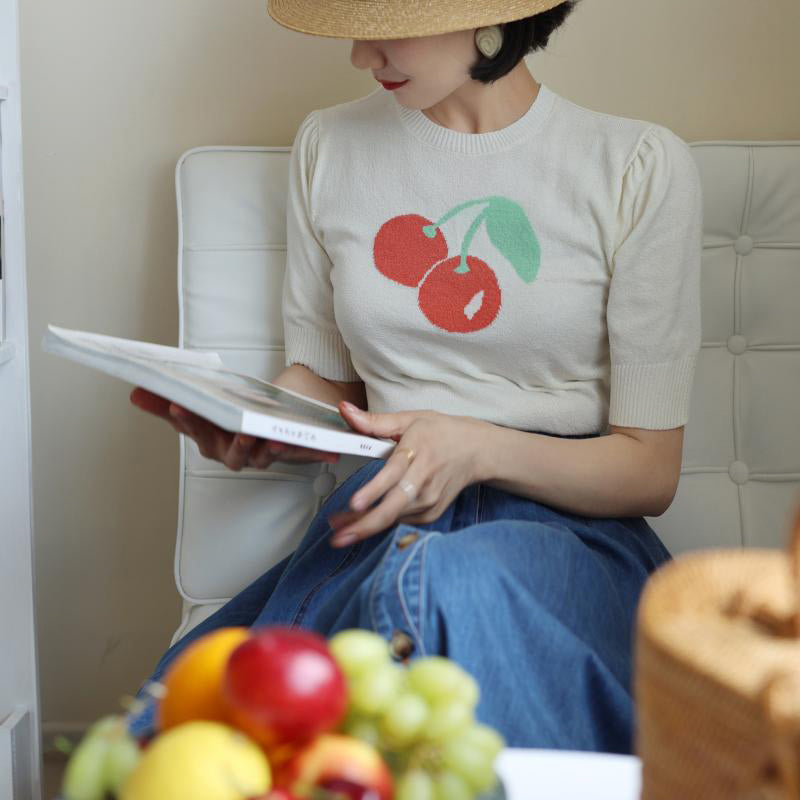 Knitted top with red cherry print