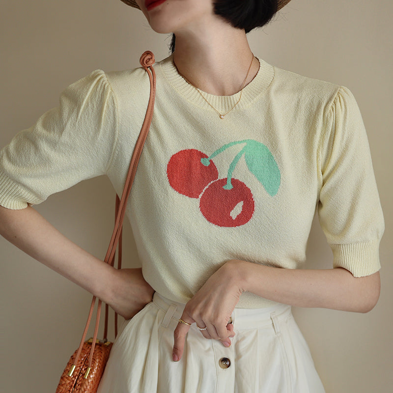 Knitted top with red cherry print