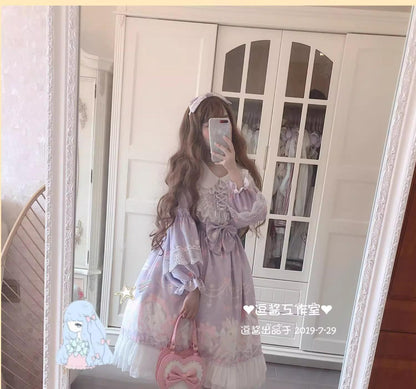 Doujiang - Kawaii Lolita OP Rabbit Print Pink Purple Lace Princess Dress