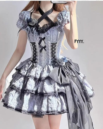 Xingweimian - Medea's Kiss - Gothic Lolita OP Dress Short-Sleeved Black-blue Dress Set