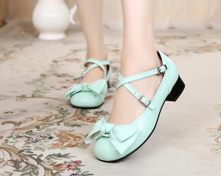 Sosic - Bow and Low Heel Cross Band Lolita Leather Shoes