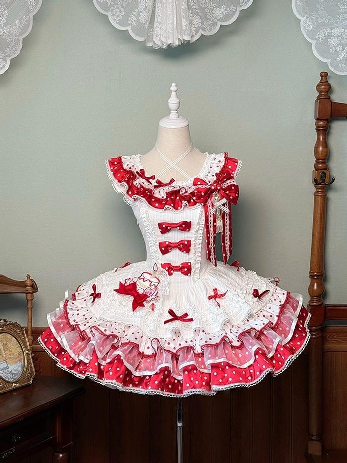 Shuang Sheng Xiao Xiong - Bite The Cake - Sweet Lolita Dress, Red & White Polka Dots