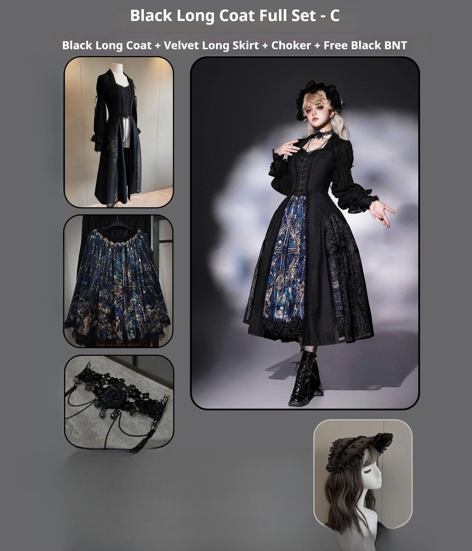 Susin Lolita - Night Traveler - Gothic Lolita Skirt Outfit Long Coat Shirt and Bustier Set