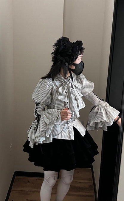 FlowerFairyDaily - Gothic Lolita Striped Shirt With Alternative NeckTie/Jabot