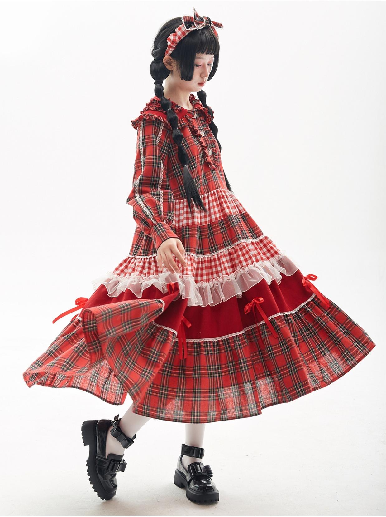 Soso Meme Club - Vintage Lolita OP Dress Red Lolita Plaid Dress for Spring Summer