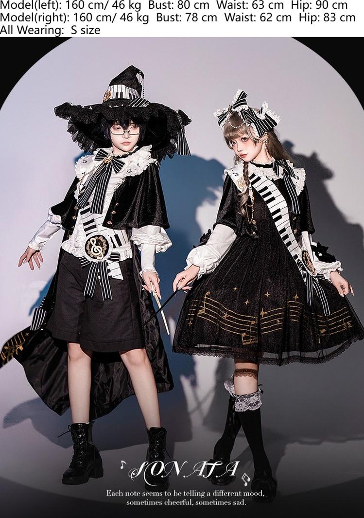 Forest Fluorescent Carps - Black and White Sonata - Ouji Lolita Vest Suit and Vintage Lolita OP Dress