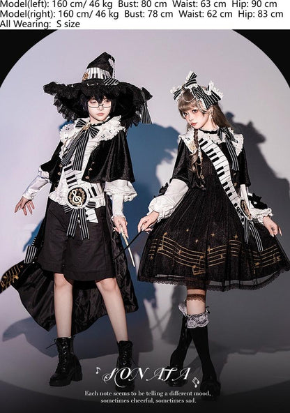 Forest Fluorescent Carps - Black and White Sonata - Ouji Lolita Vest Suit and Vintage Lolita OP Dress