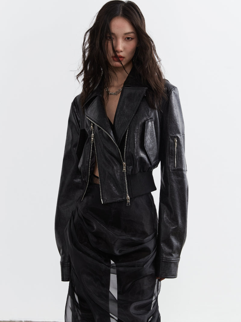 Leather Double-Zip Drop-Shoulder Riders-Jacket