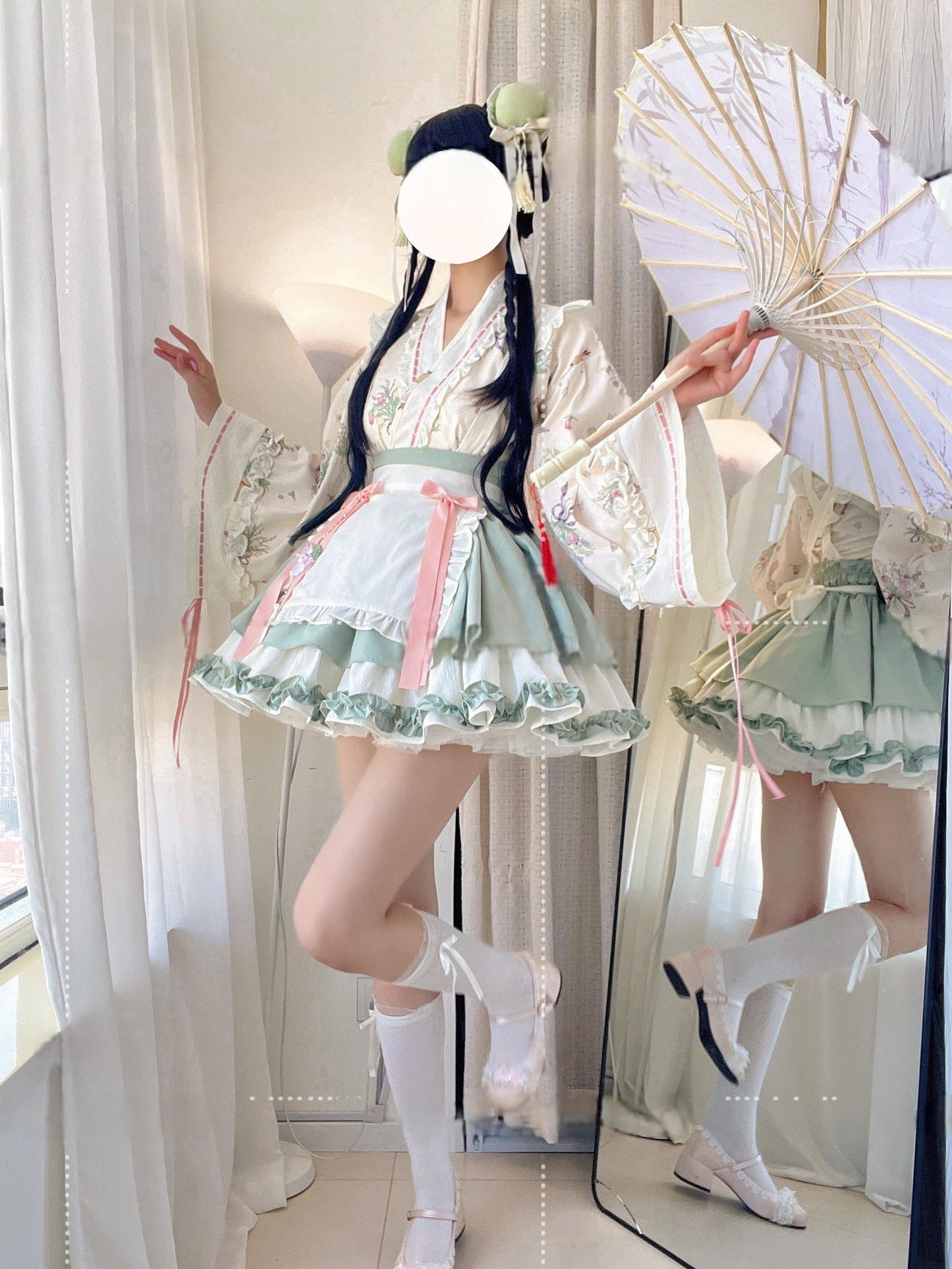 Qianmu - Little Herbalist - Han Lolita Skirt Outfit with Cross-collar Blouse and Apron