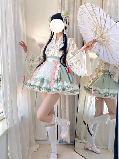 Qianmu - Little Herbalist - Han Lolita Skirt Outfit with Cross-collar Blouse and Apron