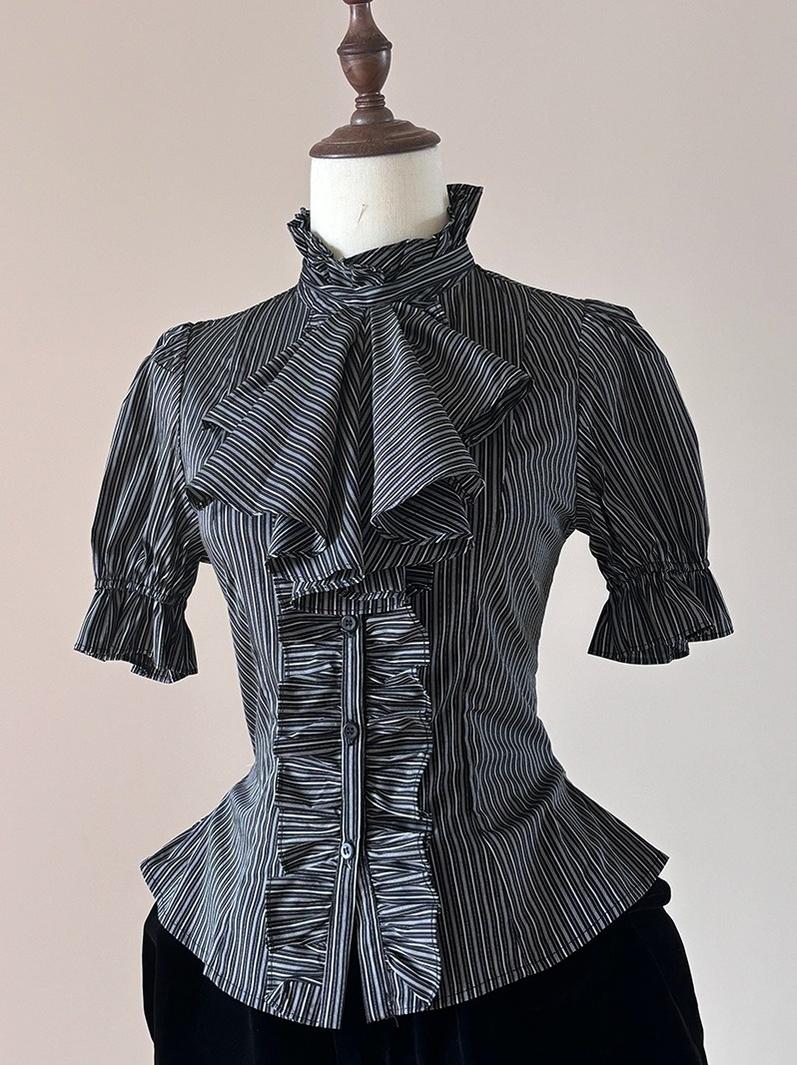 FlowerFairyDaily - Trace Night - Gothic Lolita Short-sleeved Shirt with Adjustable Waist