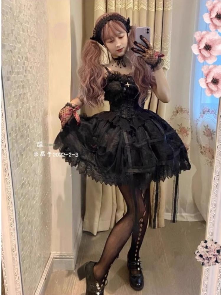 Doujiang - Rose Cage - Gothic Lolita Dress Black Suspender Dress