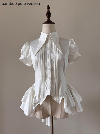 FlowerFairyDaily - Midnight Prayer - Solid Lolita Shirt with Flowing Tiered Back Hem