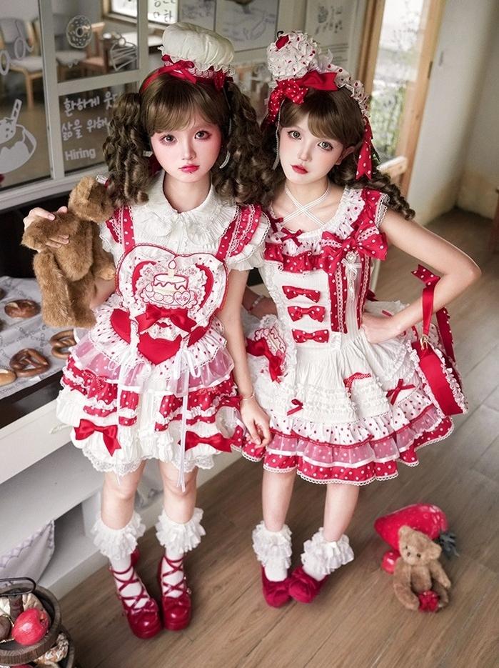 Shuang Sheng Xiao Xiong - Bite The Cake - Sweet Lolita Dress, Red & White Polka Dots