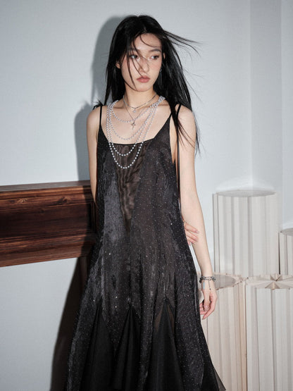 Long Casmisole Glitter Irregular Sheer Dress