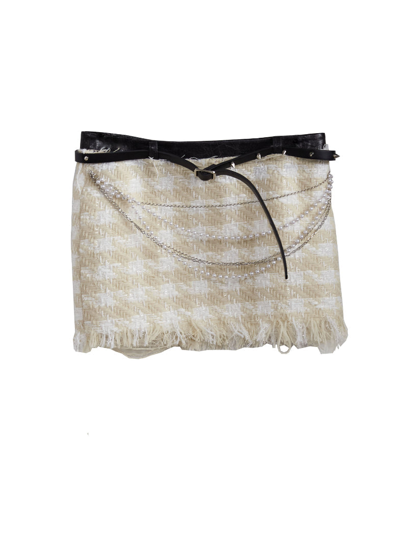 Tweed Tassel Cut-Off Checked Retro Mini-Skirt