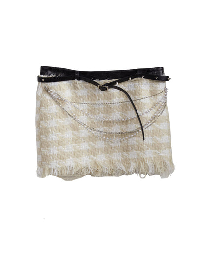 Tweed Tassel Cut-Off Checked Retro Mini-Skirt