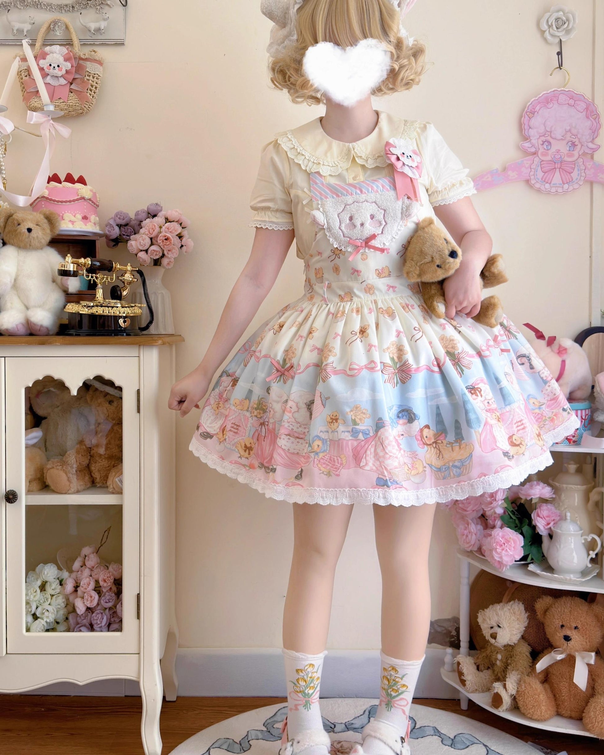 MeowMeow - Dance of the Lambs - Kawaii Lolita Salopette Dress With Cute Animal Prints
