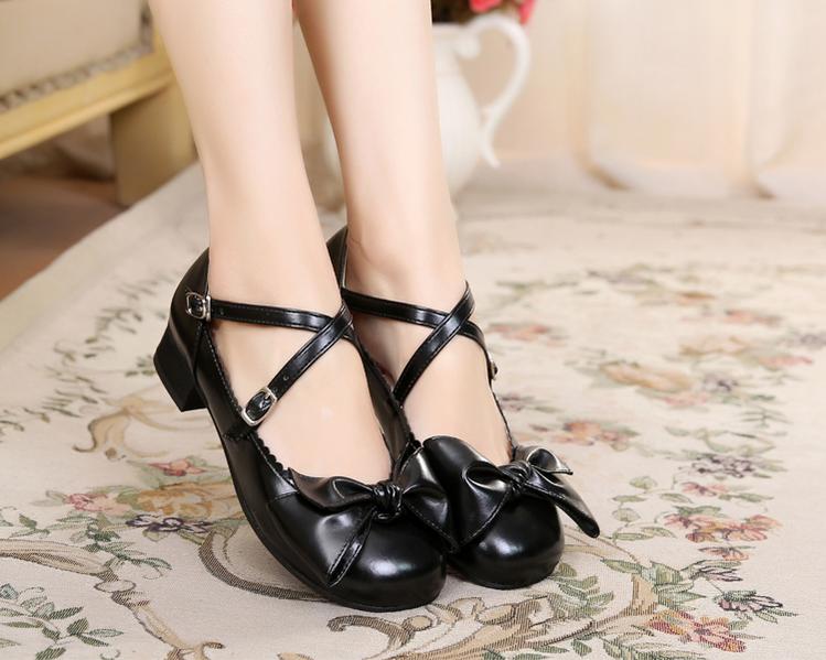 Sosic - Bow and Low Heel Cross Band Lolita Leather Shoes